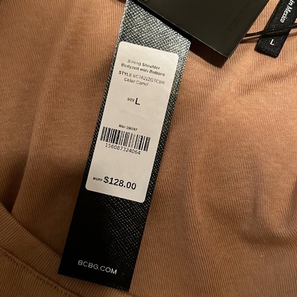 76. BCBGMAXAZRIA Ruched Puff Sleeve Bodysuit in Camel - Picture 11 of 14